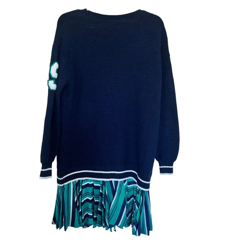 Anthropologie Navy Varsity Cardigan Sweater Twofer Layered Mixed Media Dress